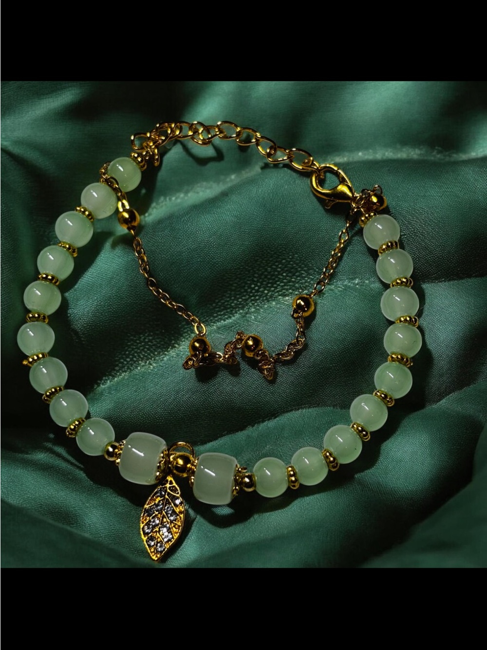 Light Green Jade Beaded Gold Leaf Charm Bracelet 6.5”-7.5” Adjustable